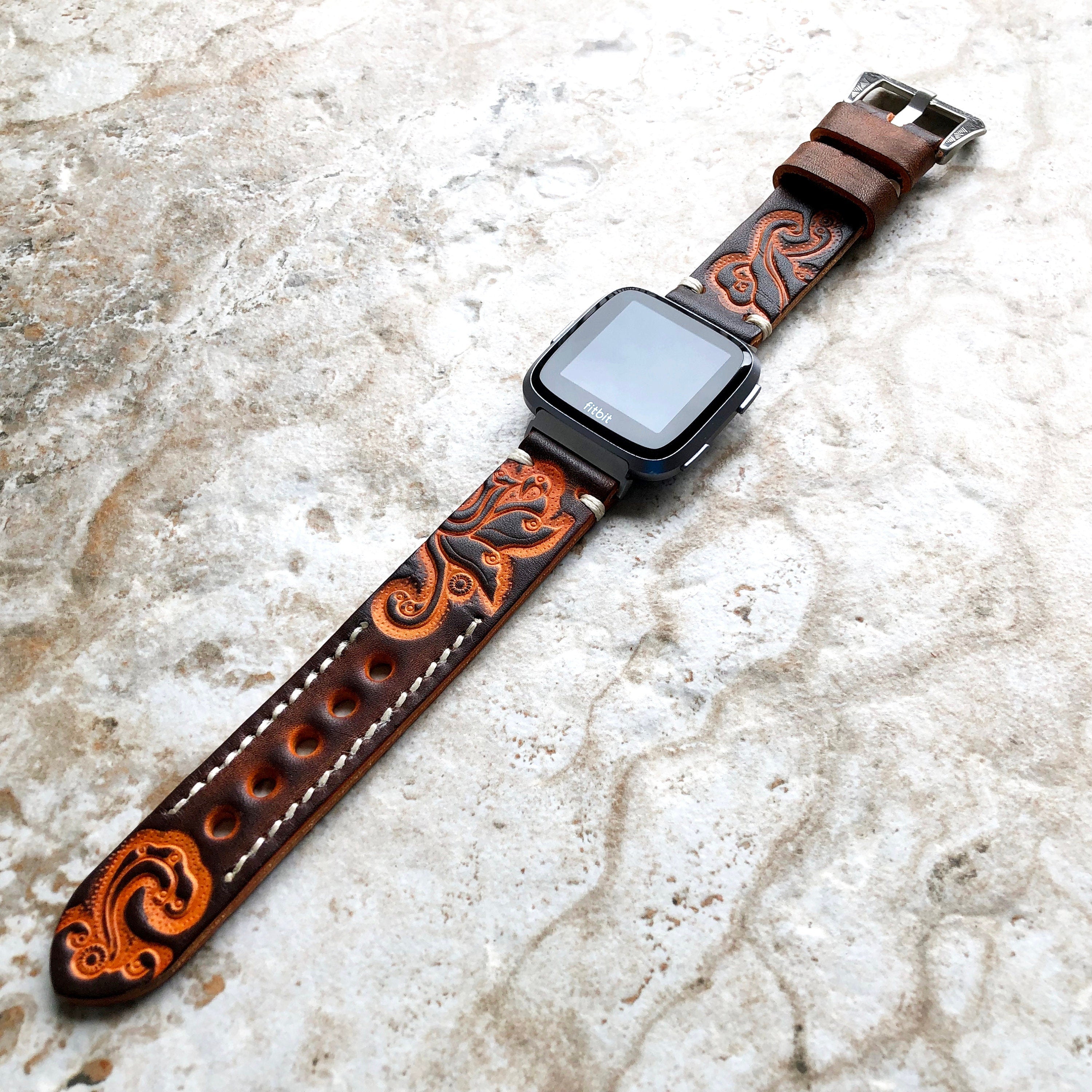 Band for Fitbit Versa 2 3 4 Sense 2 Brown and Orange Embossed Leather Bracelet Watch Strap Quick Release Adapters Silver Rose Gold Black